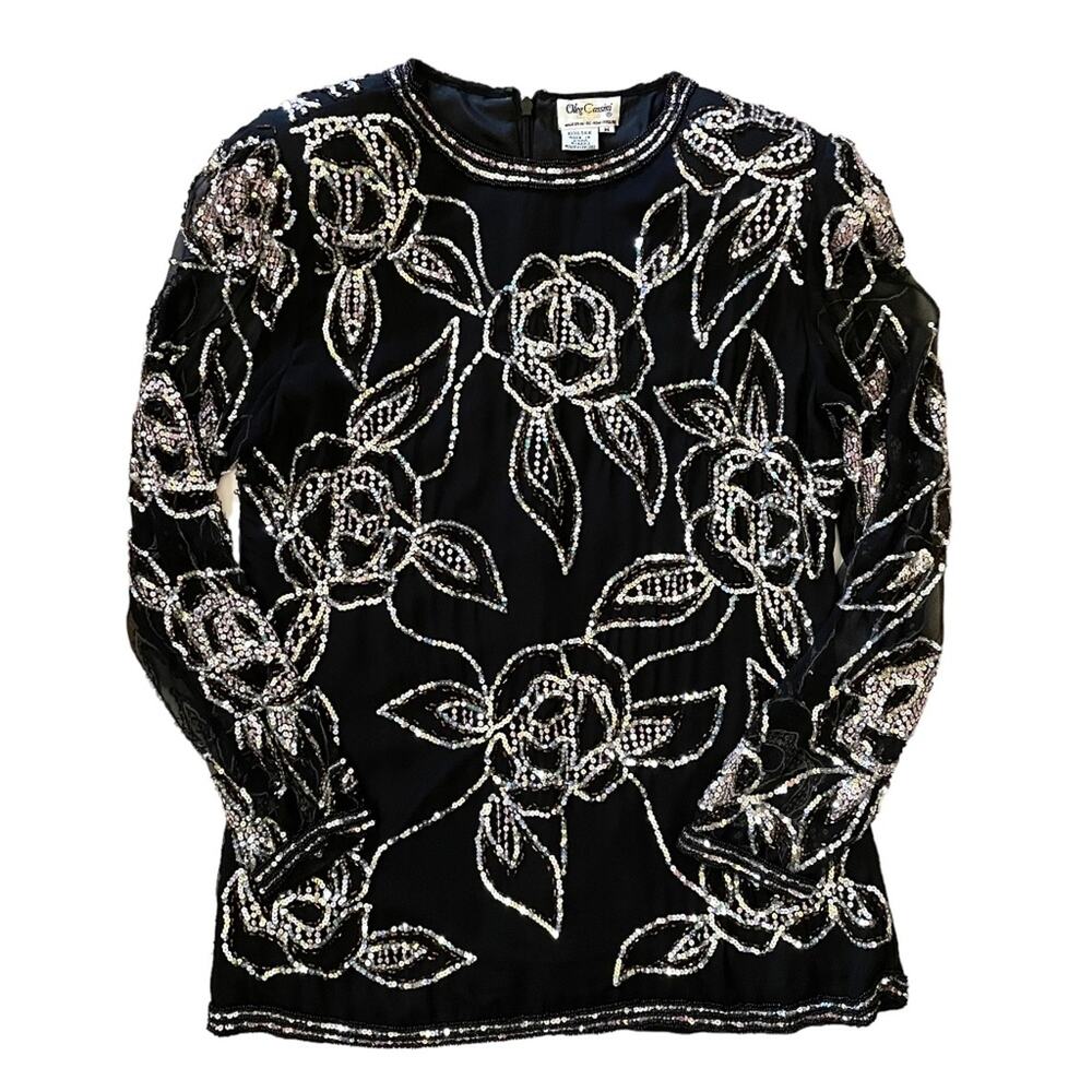 Authentic Oleg Cassini Vintage Beaded Black Silk Floral Top Blouse